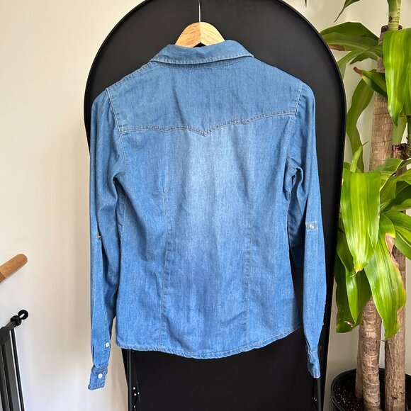 New Look Blue Chambray Shirt with White Buttons - Small - Picture 3 of 4